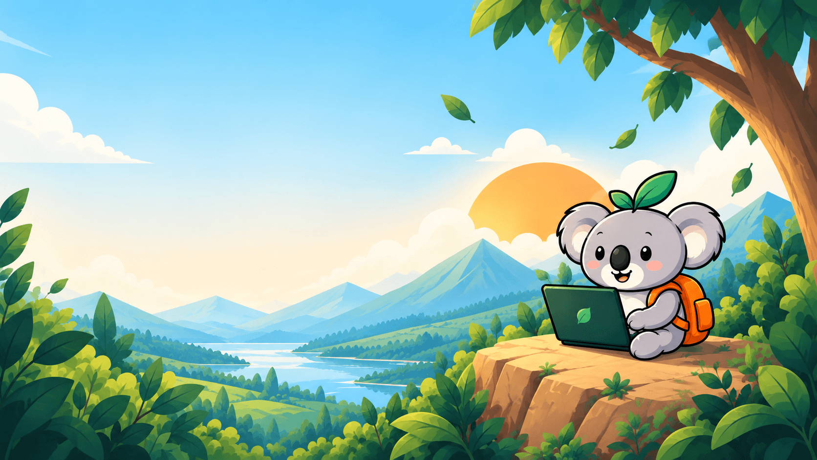 Kip the koala working on a laptop on a cliff above a eucalyptus valley at sunrise
