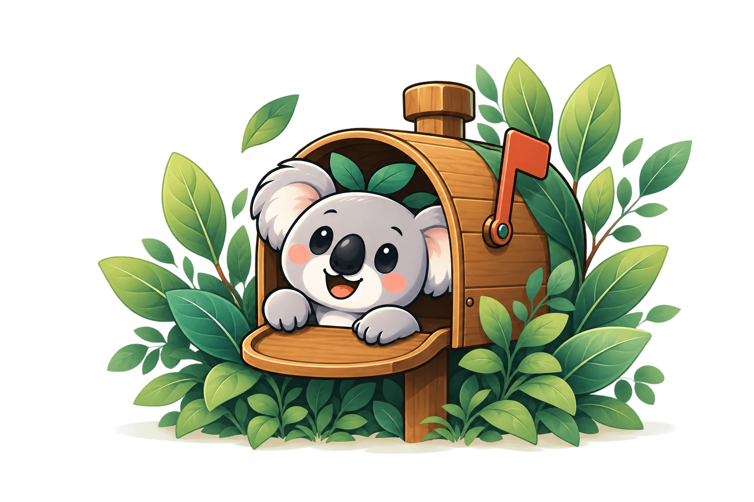 Kip the koala peeking out of a mailbox